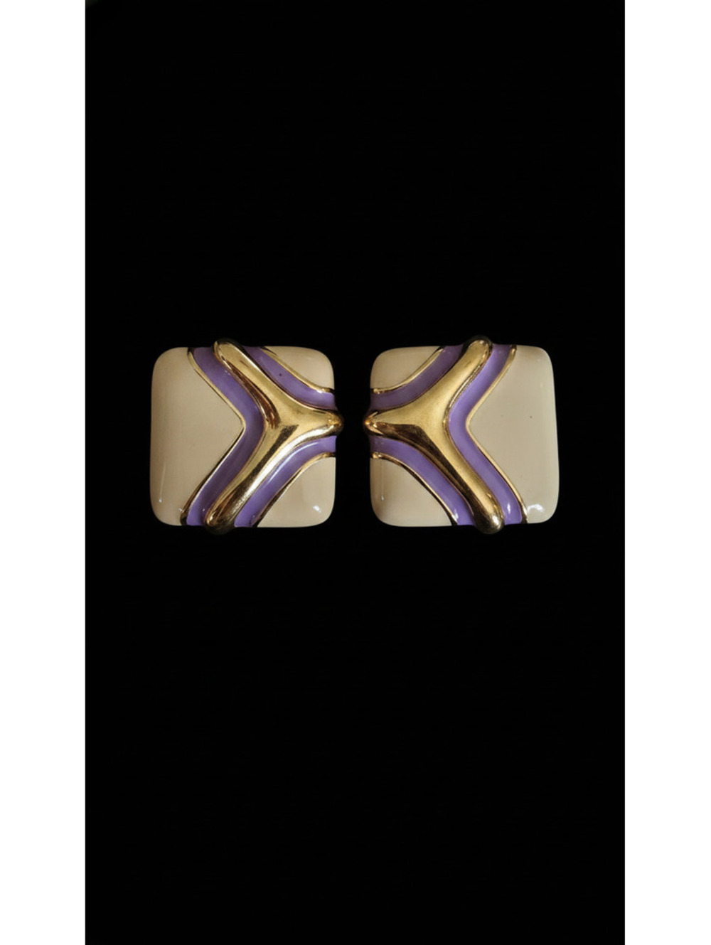 Vintage Monet Cream Lavender Enamel Gold Tone Square Statement Earrings